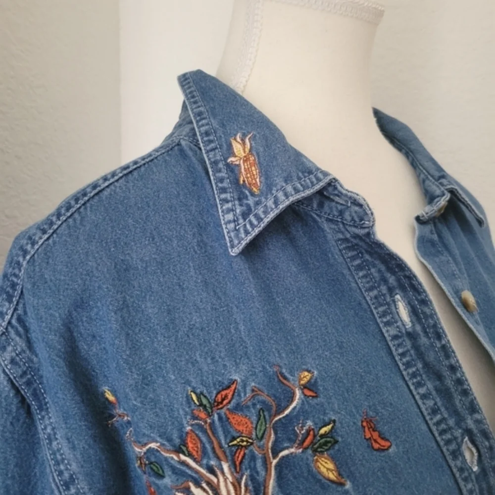 Fall Autumn Embroidered 18W 20W Chambray Denim Button-up Pumpkins Bears 90s Y2K - Picture 4 of 7